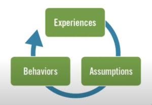 Circle flow chart that shows experiences impact assumptions which impact behaviors